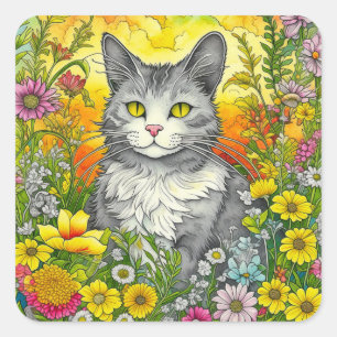 Whimsical Cat and Flowers  Square Sticker
