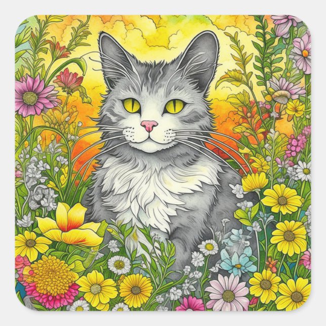 Whimsical Cat and Flowers  Square Sticker (Front)