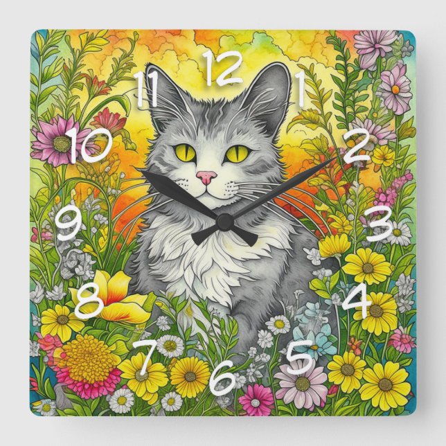 Whimsical Cat and Flowers Square Wall Clock (Front)