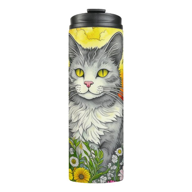 Whimsical Cat and Flowers Thermal Tumbler (Front)