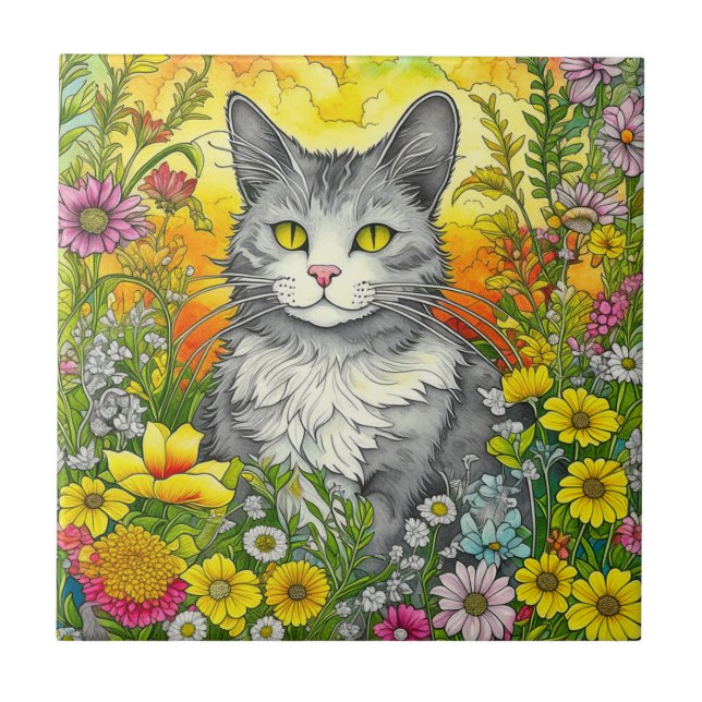 Whimsical Cat and Flowers Tile (Front)