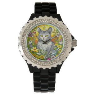 Whimsical Cat and Flowers Watch