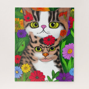 Whimsical Cat and Kitten Folk Art Colourful Jigsaw Puzzle