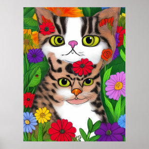 Whimsical Cat and Kitten Folk Art Colourful  Poster