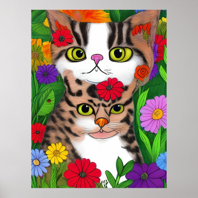 Whimsical Cat and Kitten Folk Art Colourful  Poster (Front)