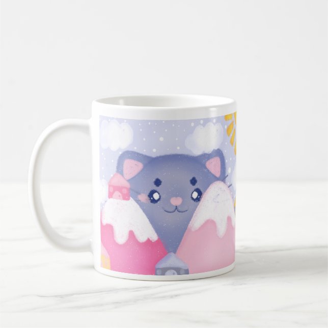 Whimsical Cat and Winter Mountains With A Cute Sun Coffee Mug (Left)
