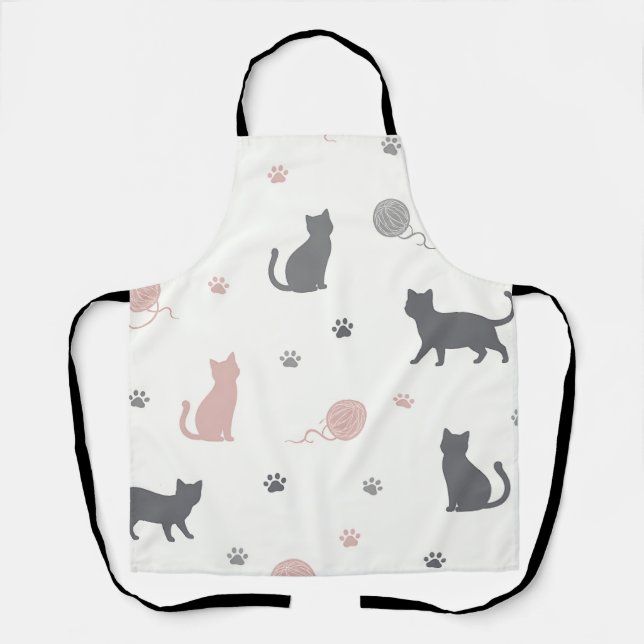 Whimsical Cat and Yarn Silhouette Pattern Apron (Front)