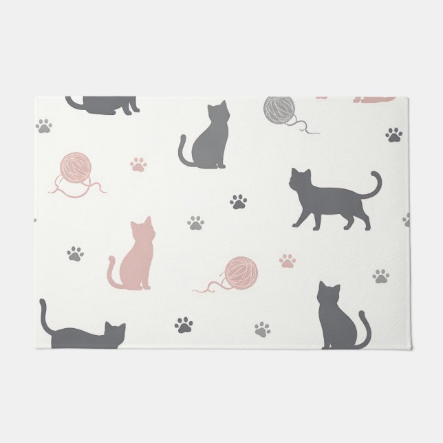 Whimsical Cat and Yarn Silhouette Pattern Doormat (Front)