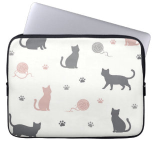 Whimsical Cat and Yarn Silhouette Pattern Laptop Sleeve