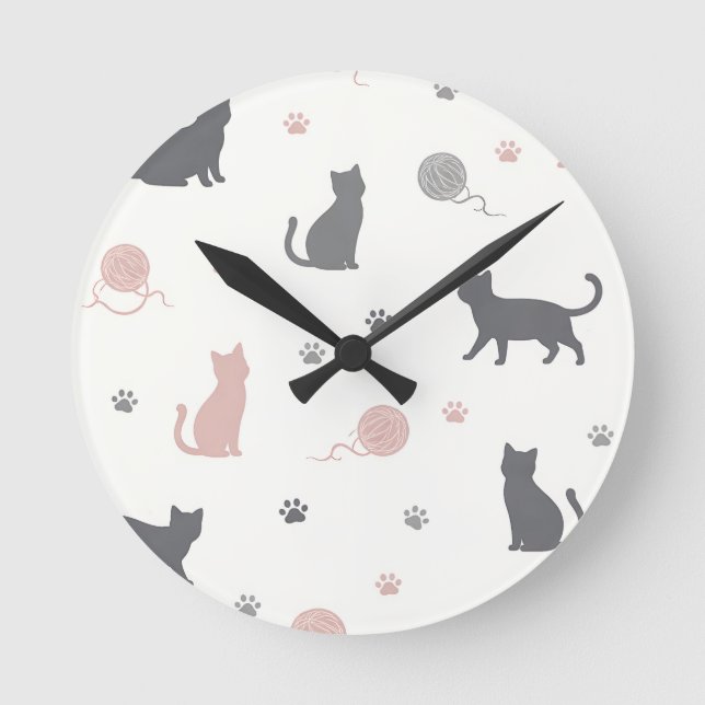 Whimsical Cat and Yarn Silhouette Pattern Round Clock (Front)