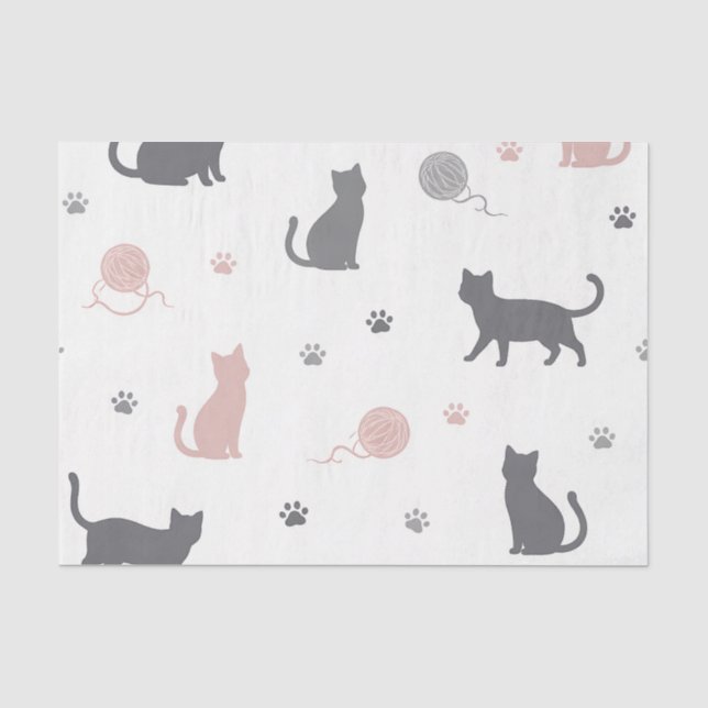 Whimsical Cat and Yarn Silhouette Pattern Tissue Paper (Front)