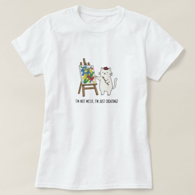 Whimsical Cat Artist Minimalist Doodle Style T-Shirt (Design Front)