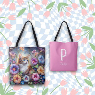 Whimsical Cat Beautiful Flowers Monogram Name Tote Bag