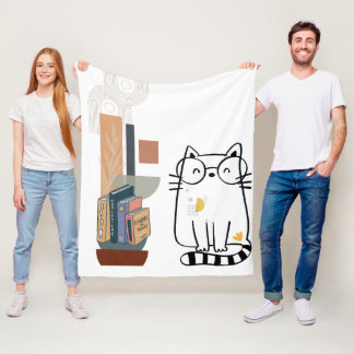 Whimsical Cat & Bookshelf Fleece Blanket