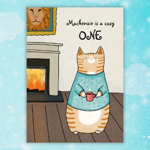 Whimsical Cat Cosy ONE Cat Winter 1st Birthday Invitation