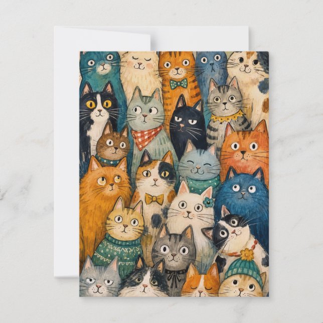 Whimsical Cat Crowd Note Card for Cat Lovers (Front)
