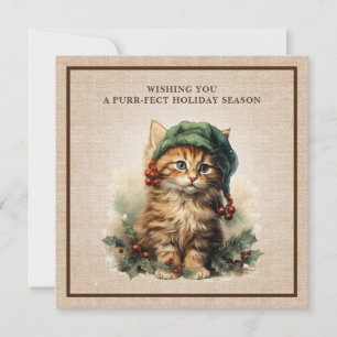 Whimsical Cat Elf Hat Holly Berries Burlap Holiday Card