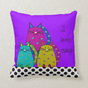 Whimsical Cat Face Pillow Purple and Polka Dots