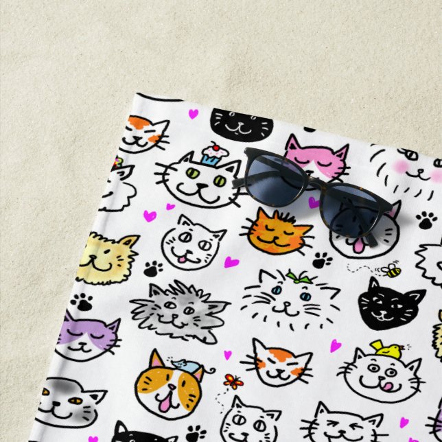 Whimsical Cat Faces Pattern Beach Towel (In Situ)