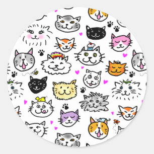Whimsical Cat Faces Pattern Classic Round Sticker