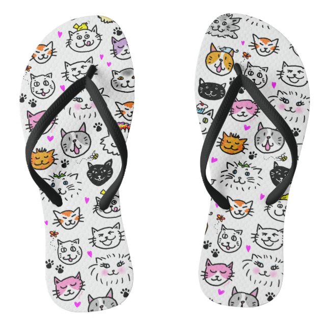 Whimsical Cat Faces Pattern Flip Flops (Footbed)