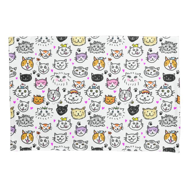Whimsical Cat Faces Pattern Pillowcase (Front)
