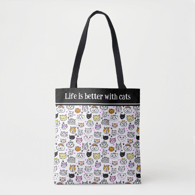 Whimsical Cat Faces Pattern Tote Bag (Front)