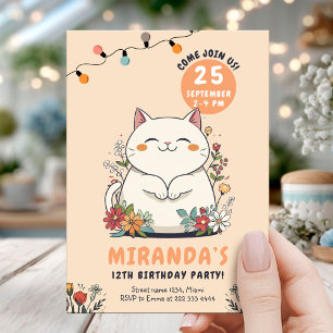 Whimsical Cat Floral Pastel Birthday Invitation