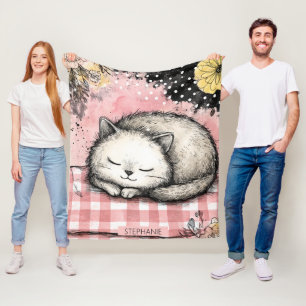 Whimsical Cat Floral Watercolor Art Fleece Blanket