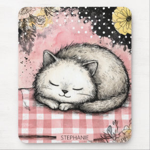 Whimsical Cat Floral Watercolor Art Mouse Mat