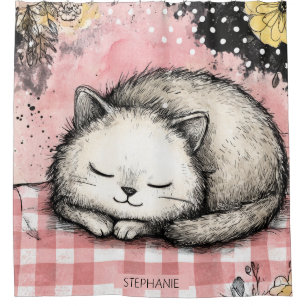 Whimsical Cat Floral Watercolor Art Shower Curtain