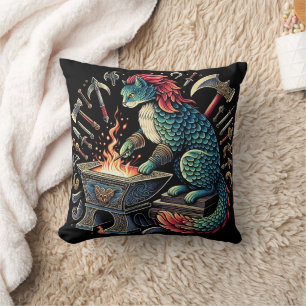 Whimsical Cat Forging Weapons at Fantasy Workshop Cushion