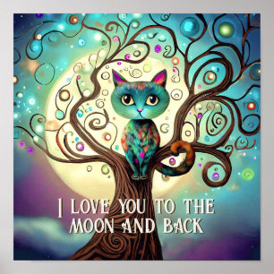 Whimsical Cat Full Moon Artwork I Love You Poster