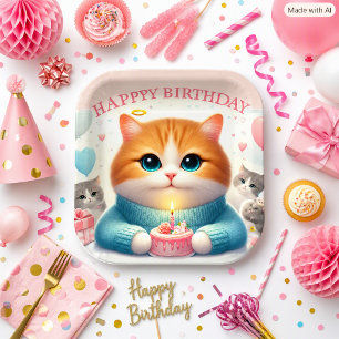 Whimsical Cat Happy Birthday Party Paper Plate