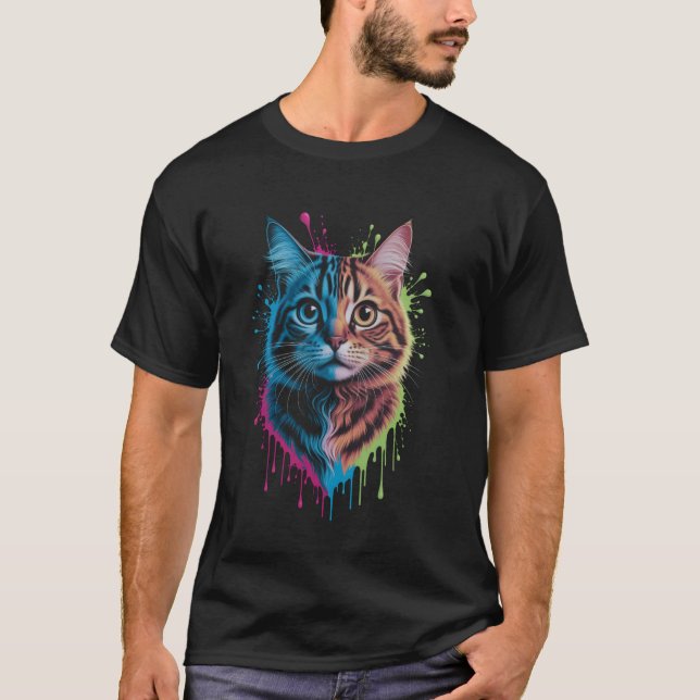 Whimsical Cat Head with Color Splash T-Shirt (Front)