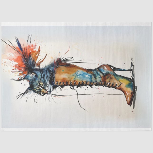 Whimsical Cat in a Boot Vibrant Colours Decoupage Tissue Paper (Front)