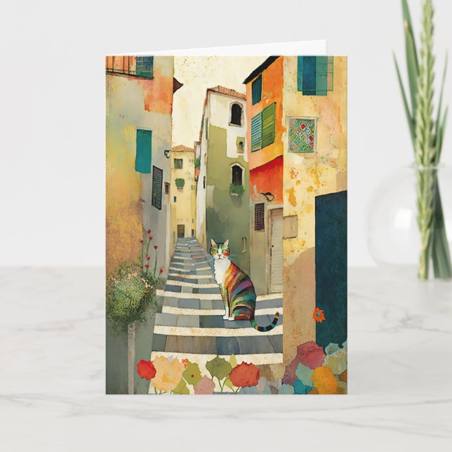Whimsical Cat in a Mediterranean Village Thank You Card (Front)