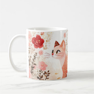 Whimsical cat in a rose garden. coffee mug