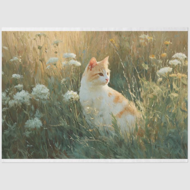 Whimsical Cat in a Wildflower Field Decoupage Tissue Paper (Front)