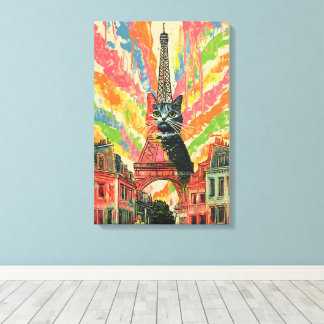 Whimsical Cat in Paris - Eiffel Tower Art Canvas Print