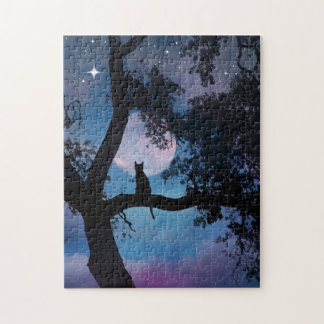 Whimsical Cat in Tree and Moon Cute Fun Jigsaw Puzzle