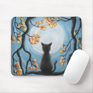 Whimsical Cat in Tree Full Moon Blue Mouse Mat