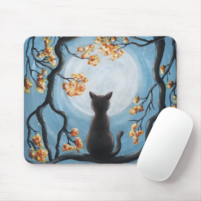 Whimsical Cat in Tree Full Moon Blue Mouse Mat (With Mouse)