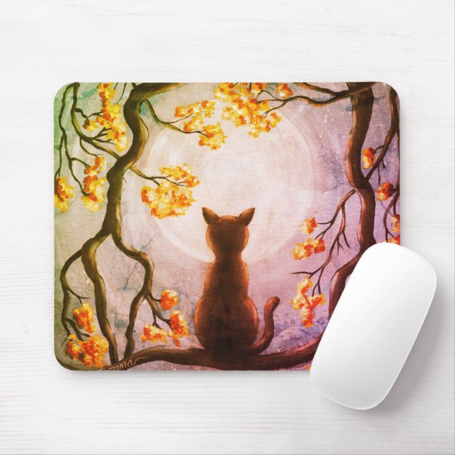 Whimsical Cat in Tree Full Moon Mouse Mat (With Mouse)