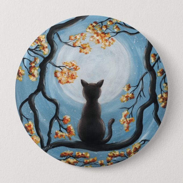Whimsical Cat in Tree Full Moon Painting 10 Cm Round Badge (Front)