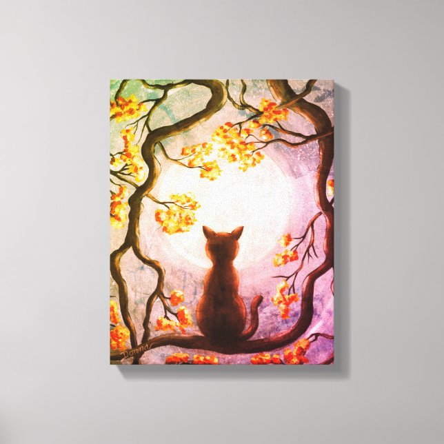Whimsical Cat in Tree Full Moon Painting Art Canvas Print (Front)