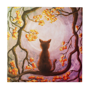 Whimsical Cat in Tree Full Moon Painting Art Tile