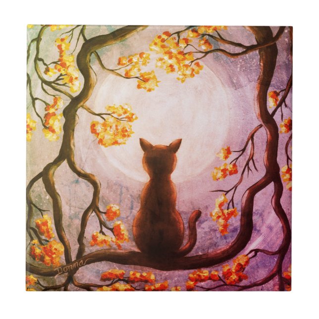 Whimsical Cat in Tree Full Moon Painting Art Tile (Front)