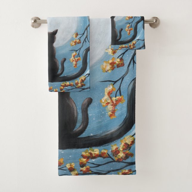 Whimsical Cat in Tree Full Moon Painting Bath Towel Set (Insitu)