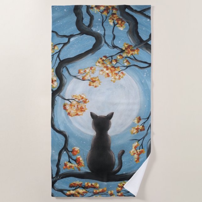 Whimsical Cat in Tree Full Moon Painting Beach Towel (Front)